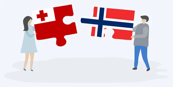 Couple Holding Two Puzzles Pieces Tongan Norwegian Flags Tonga Norway — Stock Vector