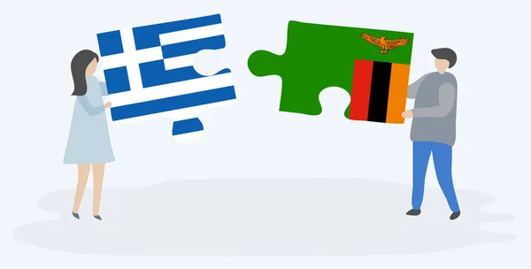 Ζευγάρι Που Κρατά Δύο Κομμάτια Παζλ Ελληνικές Και Ζάμπια Σημαίες — Διανυσματικό Αρχείο