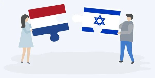 Paar Houden Twee Puzzels Stukken Met Nederlandse Israëlische Vlaggen Nederland — Stockvector