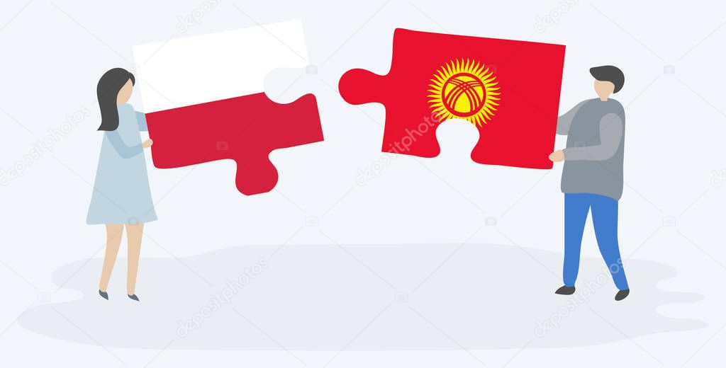 Couple holding two puzzles pieces with Polish and Kirgiz flags. Poland and Kyrgyzstan national symbols together.