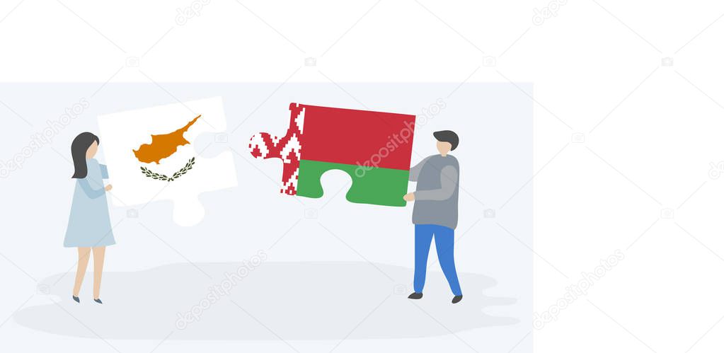 Couple holding two puzzles pieces with Cypriot and Belarusian flags. Cyprus and Belarus national symbols together.