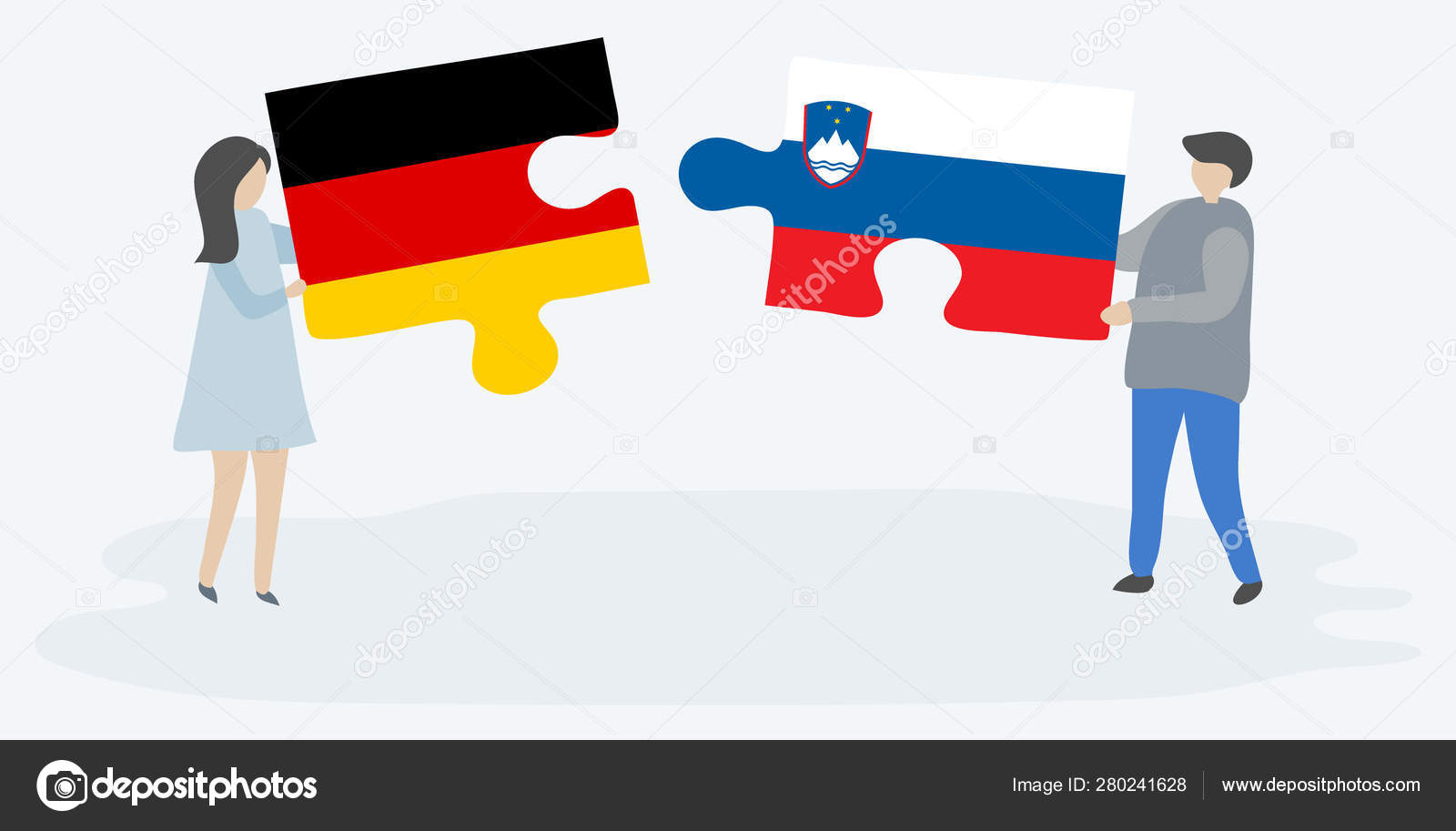 Pareja Sosteniendo Dos Piezas Rompecabezas Con Banderas Alemanas Eslovenos Símbolos — Vector de stock © MilaDuchinskaya #280241628