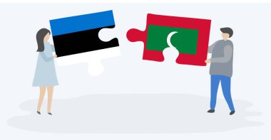 Çift Estonya ve Maldiv bayrakları ile iki bulmaca parçaları tutan. Estonya ve Maldivler ulusal semboller birlikte.