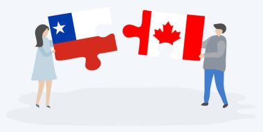 Şili ve Kanada bayrakları ile iki bulmaca parçaları tutan çift. Şili ve Kanada ulusal sembolleri birlikte.