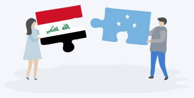 Irak ve Mikronezya bayrakları ile iki bulmaca parçaları tutan çift. Irak ve Mikronezya ulusal sembolleri birlikte.