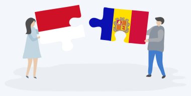 Endonezya ve Andorran bayrakları ile iki bulmaca parçaları tutan çift. Endonezya ve Andorra ulusal sembolleri birlikte.