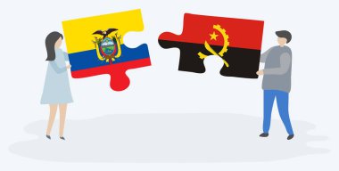 Ekvador ve Angola bayrakları ile iki bulmaca parçaları tutan çift. Ekvador ve Angola ulusal sembolleri birlikte.