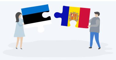Estonya ve Andorran bayrakları ile iki bulmaca parçaları tutan çift. Estonya ve Andorra ulusal sembolleri birlikte.