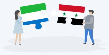 Sierra Leone ve Suriye bayrakları ile iki bulmaca parçaları tutan çift. Sierra Leone ve Suriye ulusal sembolleri birlikte.