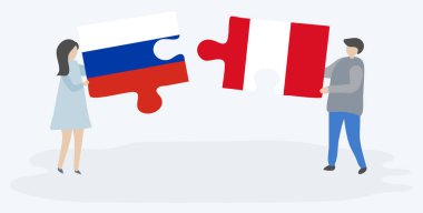 Rus ve Perulu bayrakları ile iki bulmaca parçaları tutan çift. Rusya ve Peru ulusal sembolleri birlikte.