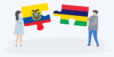 Ekvador ve Moritanya bayrakları ile iki bulmaca parçaları tutan çift. Ekvador ve Mauritius ulusal sembolleri birlikte.