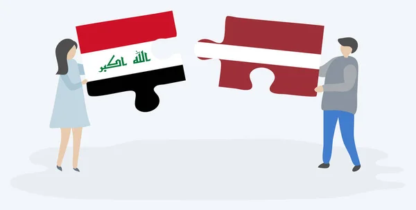 Pareja Sosteniendo Dos Piezas Rompecabezas Con Banderas Iraquíes Letonas Iraq — Vector de stock