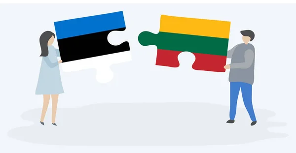 Estonya Litvanya Bayrakları Ile Iki Bulmaca Parçaları Tutan Çift Estonya — Stok Vektör