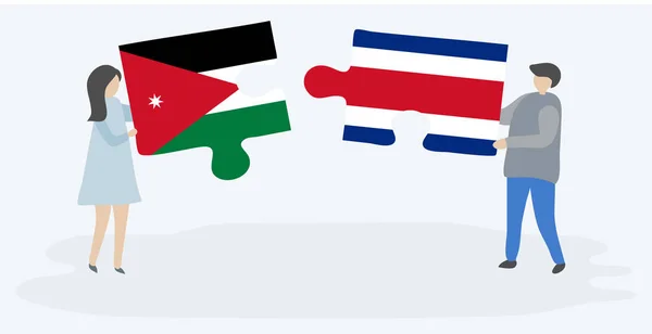 Casal Segurando Duas Peças Quebra Cabeças Com Bandeiras Jordanianas Costa —  Vetores de Stock