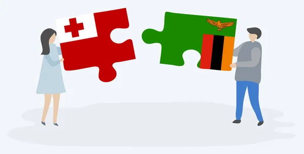Çift Tongan Zambiya Bayrakları Ile Iki Bulmaca Parçaları Tutan Tonga — Stok Vektör