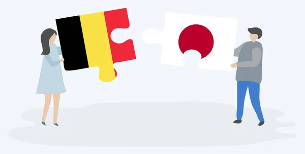 Casal Segurando Duas Peças Quebra Cabeças Com Bandeiras Belgas Japonesas — Vetor de Stock