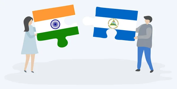 Casal Segurando Duas Peças Quebra Cabeças Com Bandeiras Indianas Nicaraguenses — Vetor de Stock