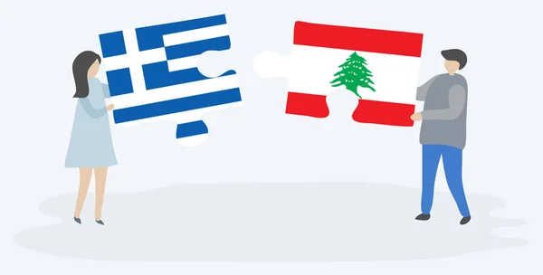 Ζευγάρι Που Κρατά Δύο Κομμάτια Παζλ Ελληνικές Και Λιβανικές Σημαίες — Διανυσματικό Αρχείο