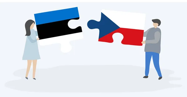 Couple Tenant Deux Pièces Puzzles Avec Des Drapeaux Estonien Tchèque — Image vectorielle