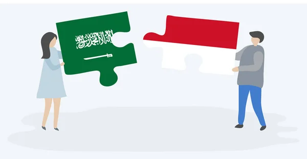 Pareja Sosteniendo Dos Piezas Rompecabezas Con Banderas Arabia Saudita Indonesia — Vector de stock