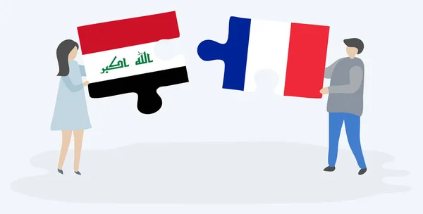 Paar Mit Zwei Puzzleteilen Mit Irakischen Und Französischen Flaggen Irakische — Stockvektor