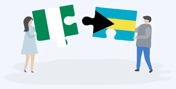 一对夫妇拿着两块拼图 上面挂着尼日利亚和巴哈马国旗 尼日利亚和巴哈马国家符号在一起 — 图库矢量图片