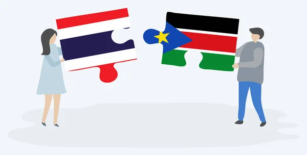 Pár Jich Drží Dvě Skládanky Thajskými Jihosúmi Vlajkami Národní Symboly — Stockový vektor
