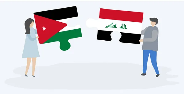 Casal Segurando Duas Peças Quebra Cabeças Com Bandeiras Jordanianas Iraquianas —  Vetores de Stock
