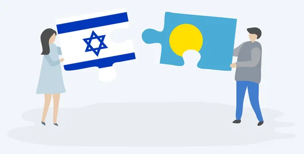 Dvojice Drží Dvě Skládanky Izraelskými Palauanskými Vlajkami Národní Symboly Izraele — Stockový vektor