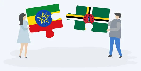 Couple Tenant Deux Pièces Puzzles Avec Des Drapeaux Éthiopiens Dominicains — Image vectorielle