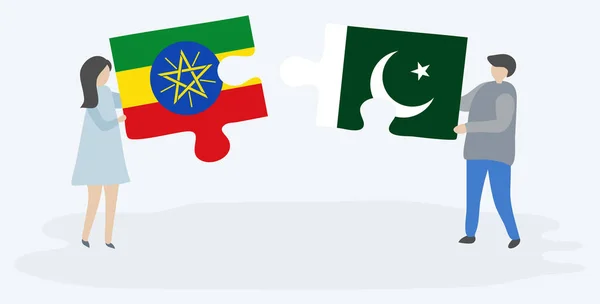 Couple Tenant Deux Pièces Puzzles Avec Des Drapeaux Éthiopiens Pakistanais — Image vectorielle