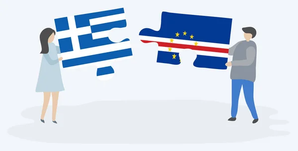 Ζευγάρι Που Κρατά Δύο Κομμάτια Παζλ Σημαίες Ελληνικών Και Ακρωτηρίου — Διανυσματικό Αρχείο