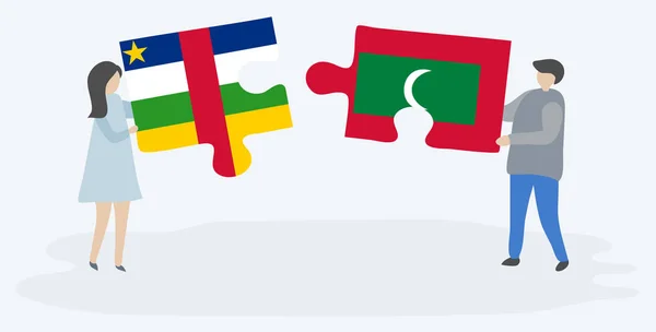 Dvojice Drží Dvě Skládanky Středoafrickými Maldivijskými Vlajkami Národní Symboly Středoafrické — Stockový vektor
