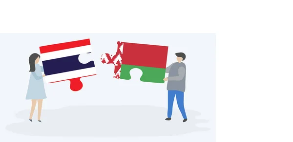 Paar Houden Twee Puzzels Stukken Met Thaise Wit Russische Vlaggen — Stockvector