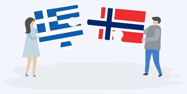 Par Som Innehar Två Pusselbitar Med Grekiska Och Norska Flaggor — Stock vektor