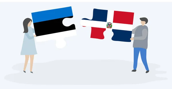 夫妇拿着两个拼图片与爱沙尼亚和多米尼加国旗 爱沙尼亚和多米尼加共和国国家符号在一起 — 图库矢量图片