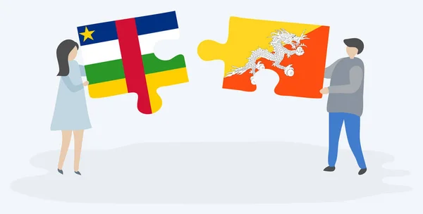 Par Som Innehar Två Pusselbitar Med Centralafrikanska Och Bhutanesiska Flaggor — Stock vektor