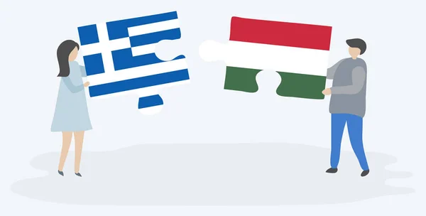 Ζευγάρι Που Κρατά Δύο Κομμάτια Παζλ Ελληνικές Και Ουγγρικές Σημαίες — Διανυσματικό Αρχείο