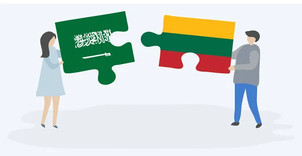 Couple Holding Two Puzzles Pieces Saudi Arabian Lithuanian Flags Saudi — Stock Vector