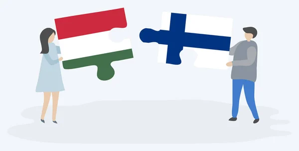 一对夫妇拿着两块带有匈牙利和芬兰国旗的拼图 匈牙利和芬兰国家符号在一起 — 图库矢量图片