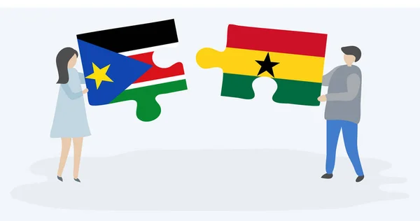 Par Som Innehar Två Pusselbitar Med Sydsudanesiska Och Ghananska Flaggor — Stock vektor