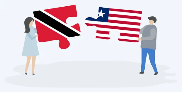 Casal Segurando Duas Peças Quebra Cabeças Com Bandeiras Trinidadianas Liberianas —  Vetores de Stock