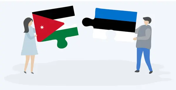 Casal Segurando Duas Peças Quebra Cabeças Com Bandeiras Jordanianas Estonianas — Vetor de Stock