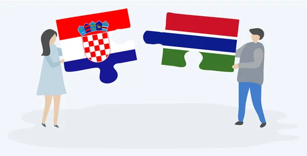 Casal Segurando Duas Peças Quebra Cabeças Com Bandeiras Croatas Gambianas — Vetor de Stock