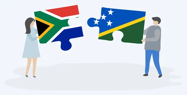 Paar Houden Twee Puzzels Stukken Met Zuid Afrikaanse Solomon Eiland — Stockvector