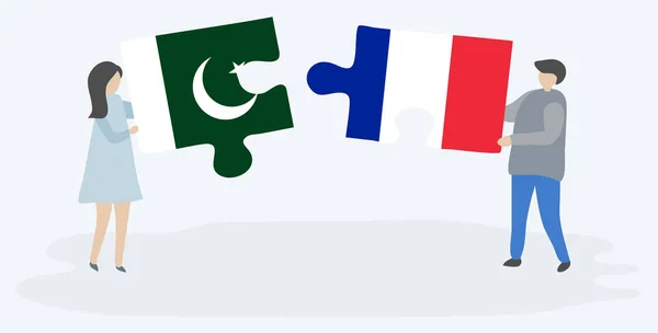 Casal Segurando Duas Peças Quebra Cabeças Com Bandeiras Paquistanesas Francesas — Vetor de Stock