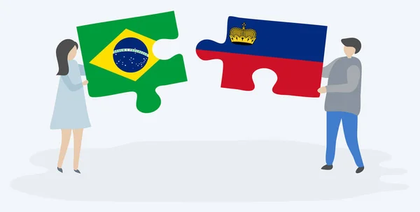 Couple Tenant Deux Pièces Puzzles Avec Des Drapeaux Brésiliens Liechtenstein — Image vectorielle
