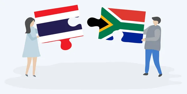 一对夫妇拿着两块拼图 上面挂着泰国和南非国旗 泰国和南非国家符号在一起 — 图库矢量图片