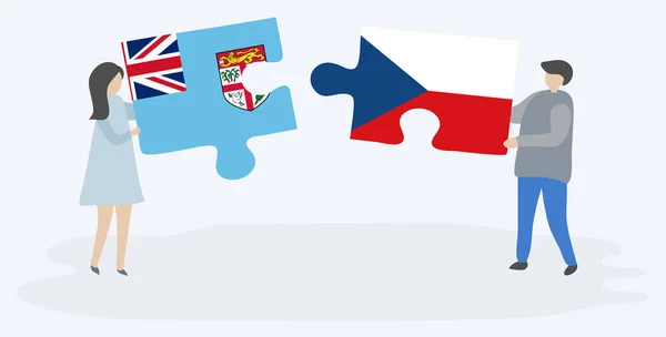 Pareja Sosteniendo Dos Piezas Rompecabezas Con Banderas Fiji Checa Fiyi — Vector de stock