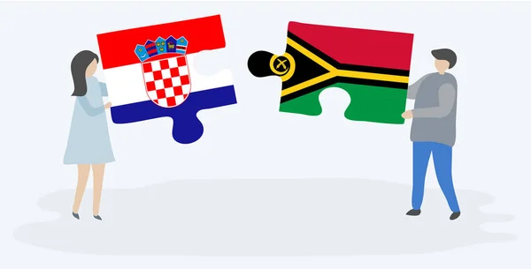 Paar Mit Zwei Puzzleteilen Mit Kroatischen Und Vanuatuanafahnen Kroatien Und — Stockvektor